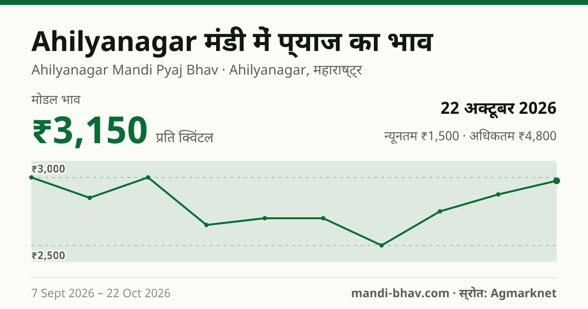 Ahilyanagar मंडी में प्याज का भाव 22 अक्टूबर 2026: मोडल ₹3,150 प्रति क्विंटल, भाव के रुझान का चार्ट