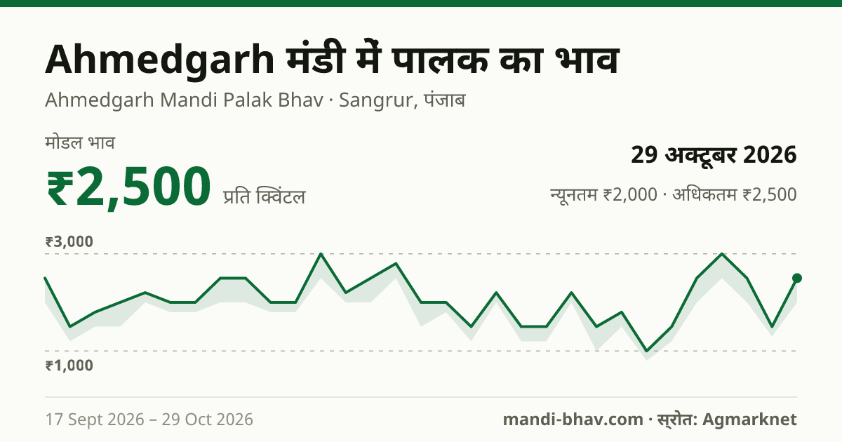 Ahmedgarh मंडी में पालक का भाव 29 अक्टूबर 2026: मोडल ₹2,500 प्रति क्विंटल, भाव के रुझान का चार्ट