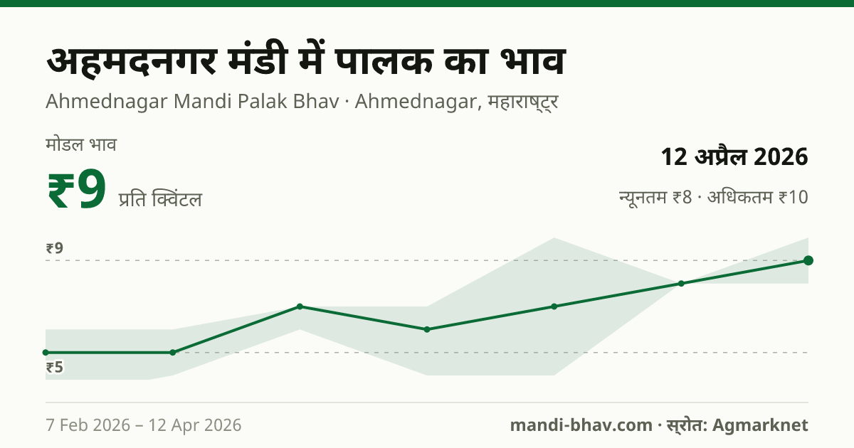 अहमदनगर मंडी में पालक का भाव 12 अप्रैल 2026: मोडल ₹9 प्रति क्विंटल, भाव के रुझान का चार्ट