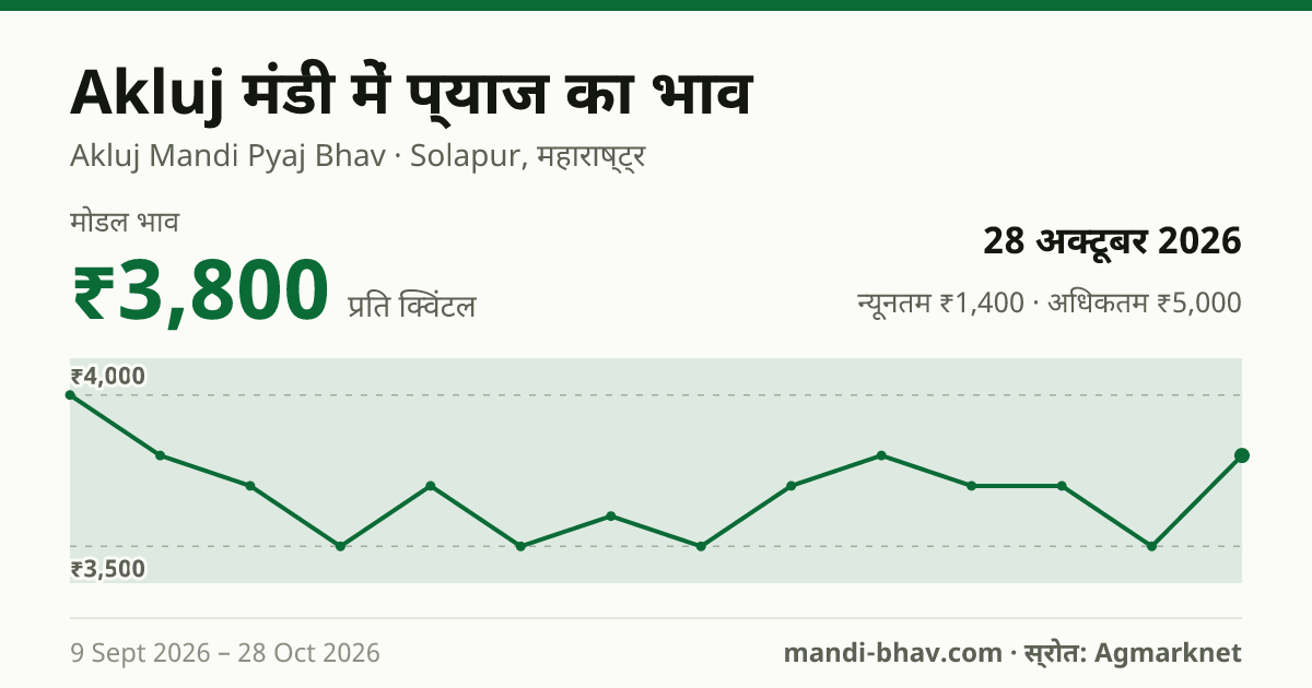 Akluj मंडी में प्याज का भाव 28 अक्टूबर 2026: मोडल ₹3,800 प्रति क्विंटल, भाव के रुझान का चार्ट