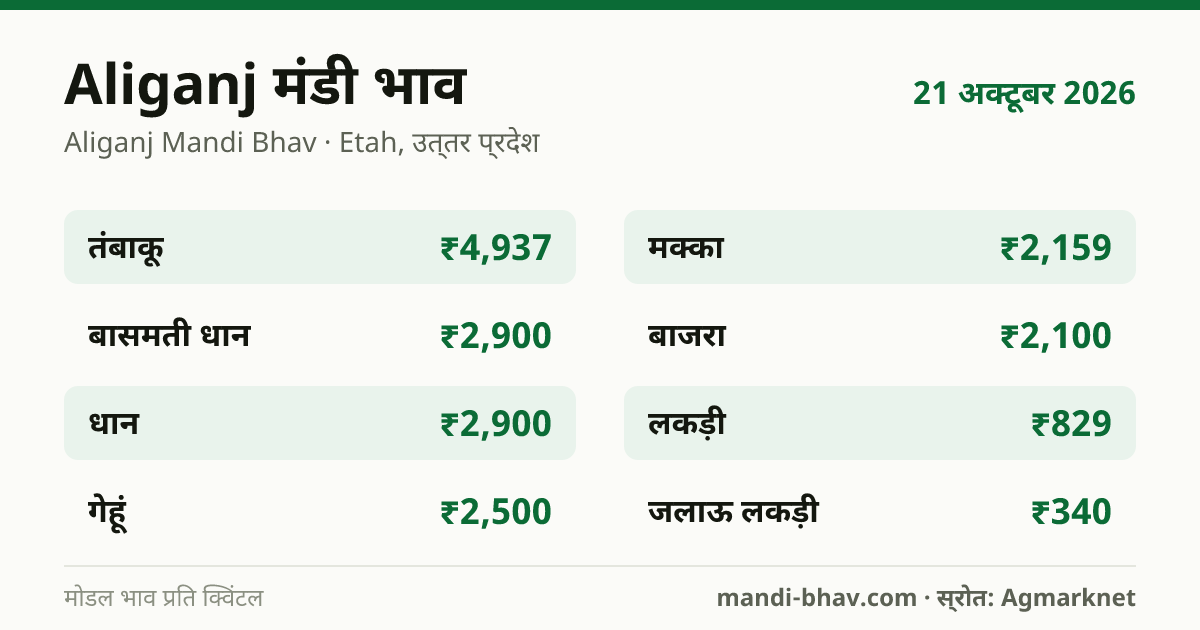 Aliganj मंडी भाव 21 अक्टूबर 2026: फसलवार मोडल रेट प्रति क्विंटल