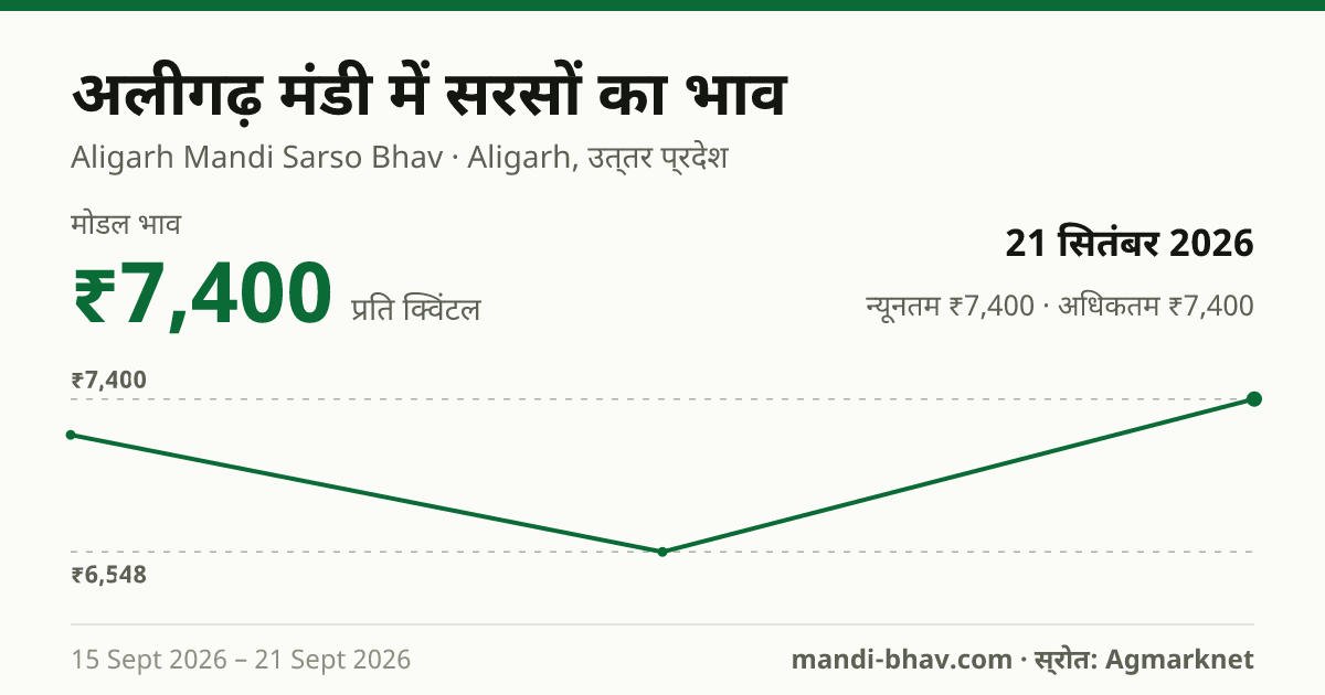 अलीगढ़ मंडी में सरसों का भाव 21 सितंबर 2026: मोडल ₹7,400 प्रति क्विंटल, भाव के रुझान का चार्ट