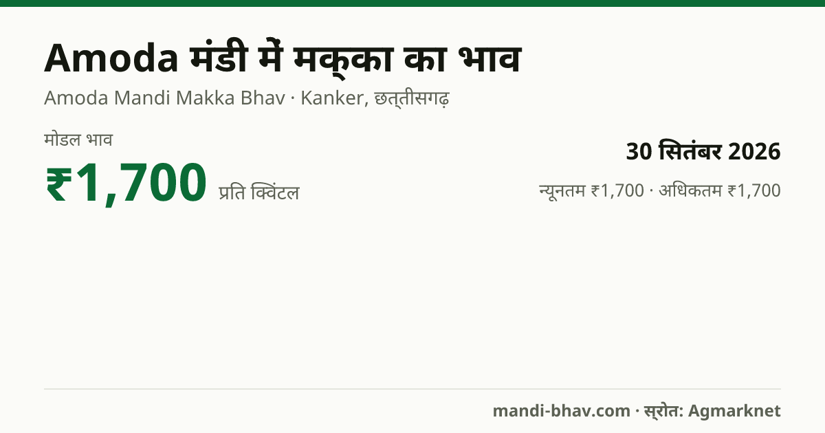 Amoda मंडी में मक्का का भाव 30 सितंबर 2026: मोडल ₹1,700 प्रति क्विंटल, भाव के रुझान का चार्ट