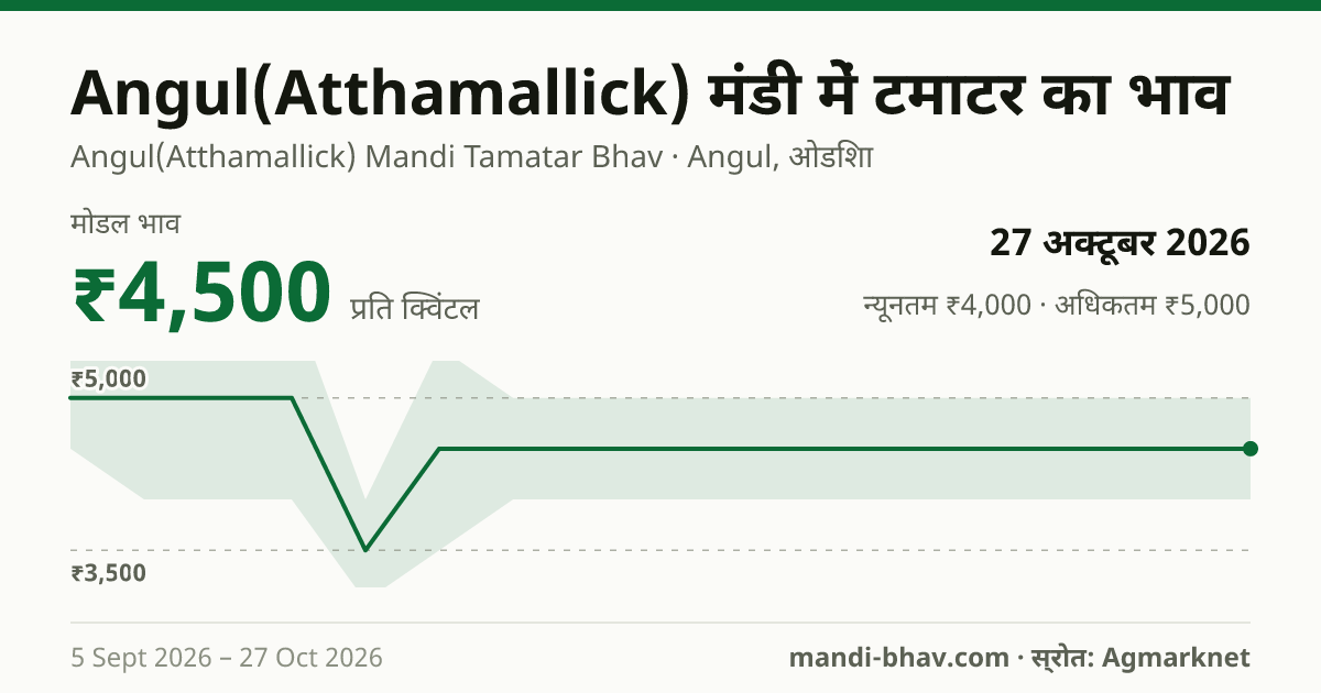 Angul(Atthamallick) मंडी में टमाटर का भाव 27 अक्टूबर 2026: मोडल ₹4,500 प्रति क्विंटल, भाव के रुझान का चार्ट