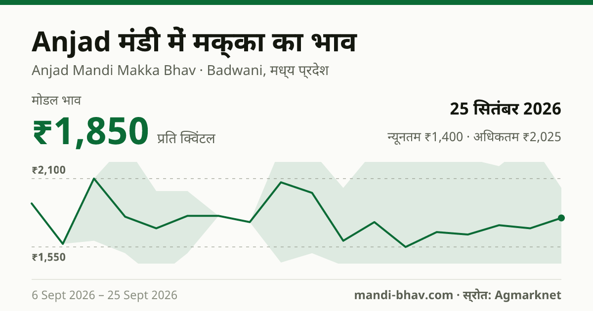 Anjad मंडी में मक्का का भाव 25 सितंबर 2026: मोडल ₹1,850 प्रति क्विंटल, भाव के रुझान का चार्ट