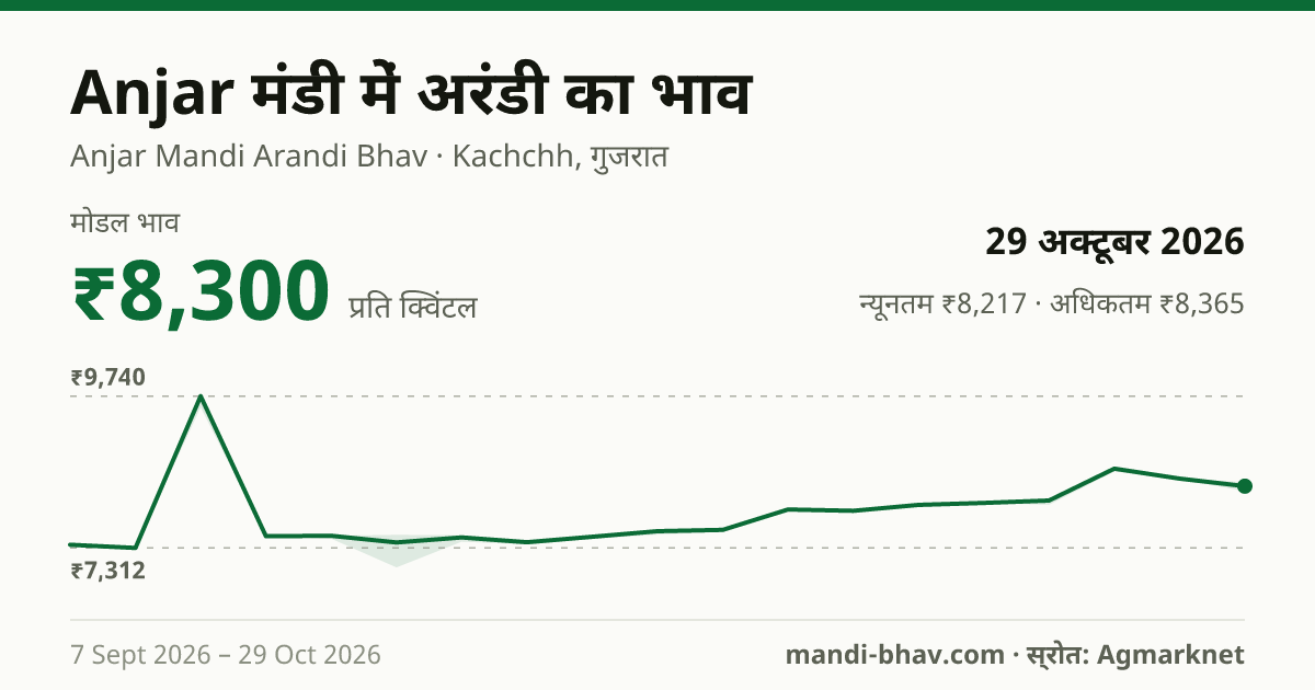 Anjar मंडी में Castor Seed का भाव 29 अक्टूबर 2026: मोडल ₹8,300 प्रति क्विंटल, भाव के रुझान का चार्ट