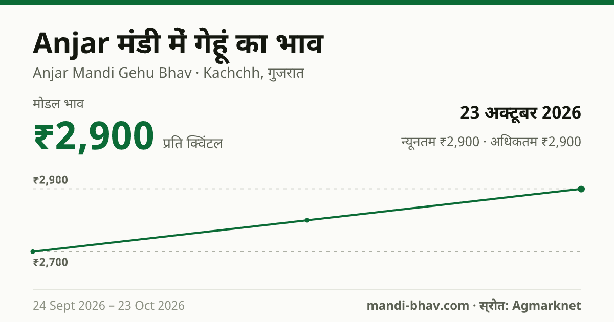 Anjar मंडी में गेहूं का भाव 23 अक्टूबर 2026: मोडल ₹2,900 प्रति क्विंटल, भाव के रुझान का चार्ट