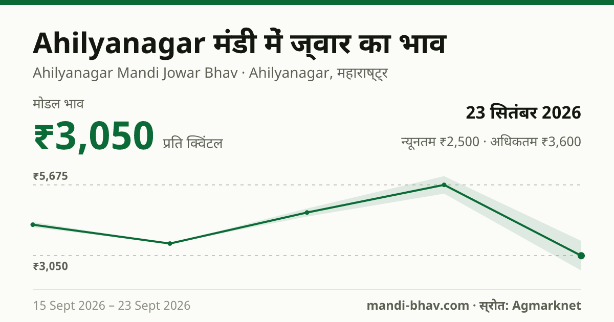Ahilyanagar मंडी में ज्वार का भाव 23 सितंबर 2026: मोडल ₹3,050 प्रति क्विंटल, भाव के रुझान का चार्ट