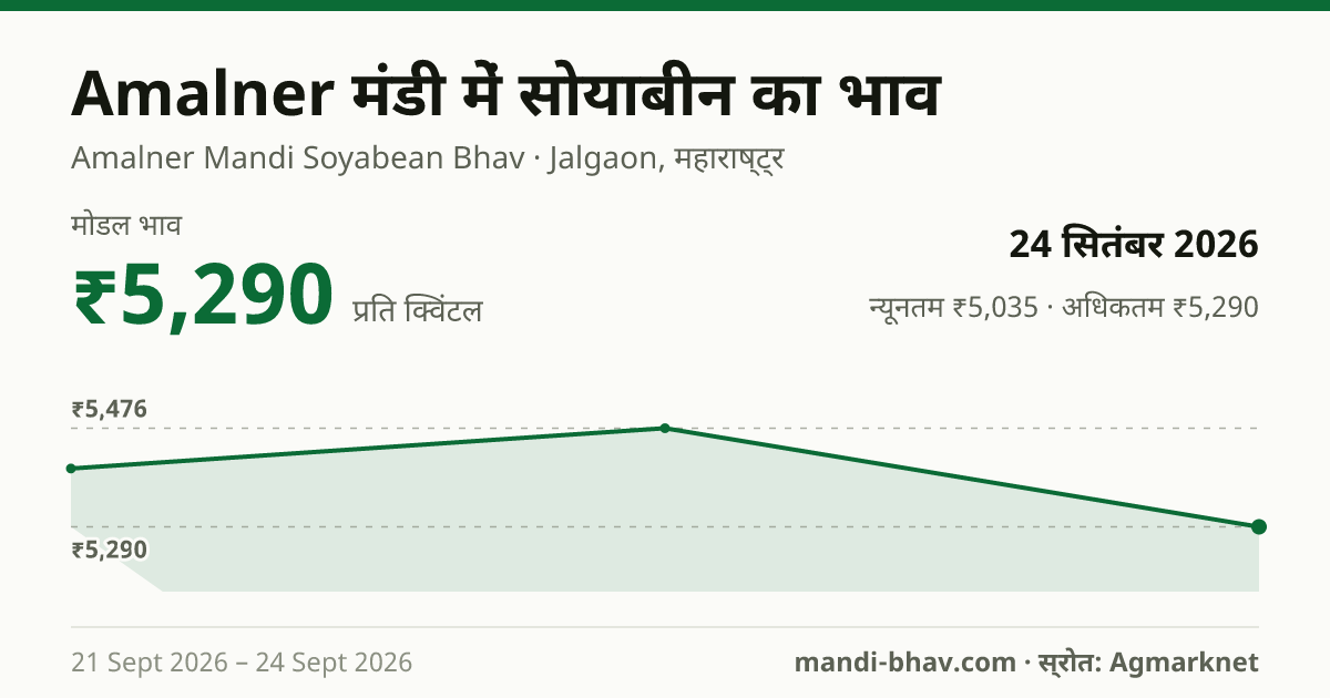 Amalner मंडी में सोयाबीन का भाव 24 सितंबर 2026: मोडल ₹5,290 प्रति क्विंटल, भाव के रुझान का चार्ट