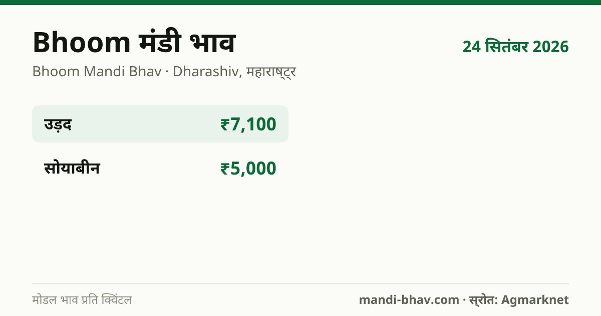 Bhoom मंडी भाव 24 सितंबर 2026: फसलवार मोडल रेट प्रति क्विंटल
