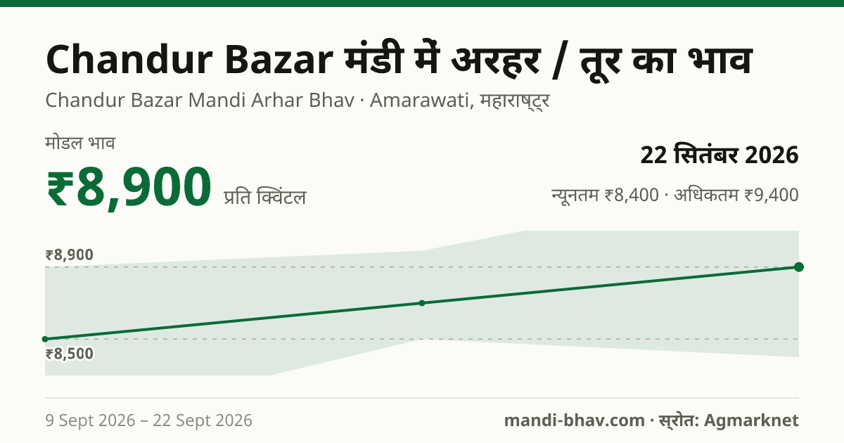 Chandur Bazar मंडी में अरहर / तूर का भाव 22 सितंबर 2026: मोडल ₹8,900 प्रति क्विंटल, भाव के रुझान का चार्ट