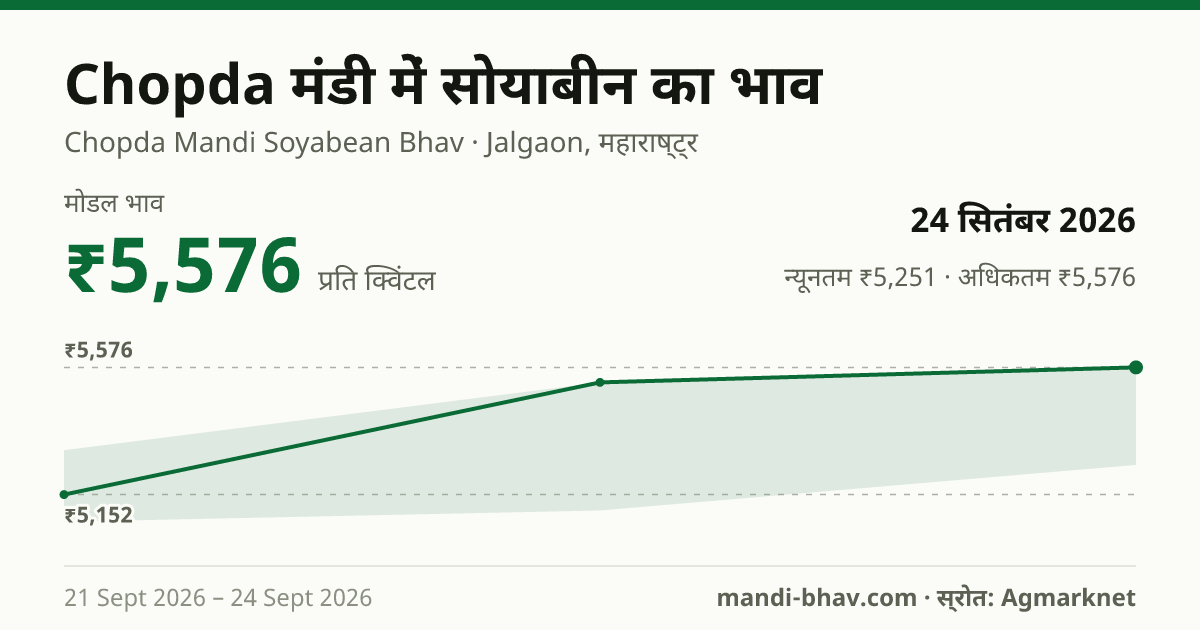 Chopda मंडी में सोयाबीन का भाव 24 सितंबर 2026: मोडल ₹5,576 प्रति क्विंटल, भाव के रुझान का चार्ट