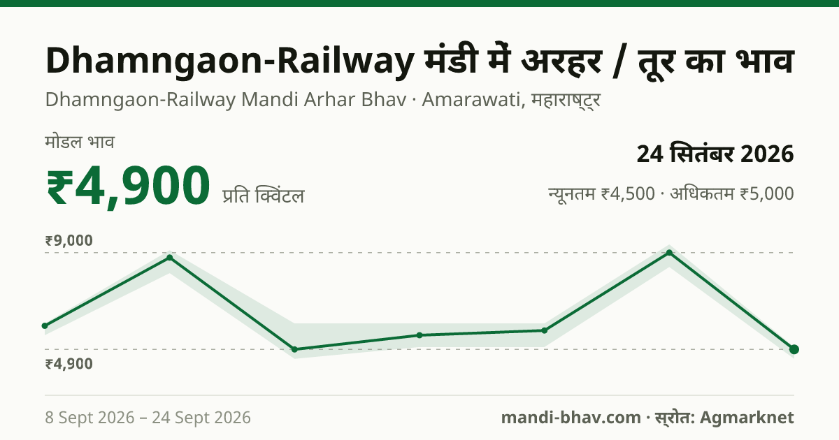 Dhamngaon-Railway मंडी में अरहर / तूर का भाव 24 सितंबर 2026: मोडल ₹4,900 प्रति क्विंटल, भाव के रुझान का चार्ट