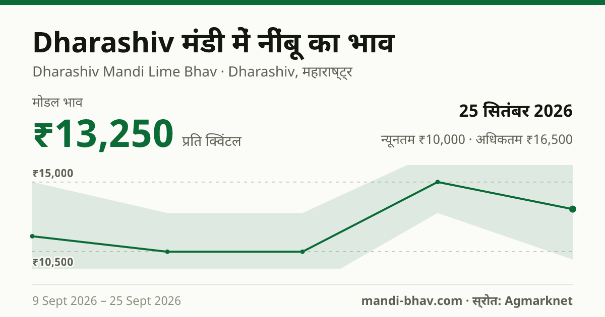 Dharashiv मंडी में नींबू का भाव 25 सितंबर 2026: मोडल ₹13,250 प्रति क्विंटल, भाव के रुझान का चार्ट