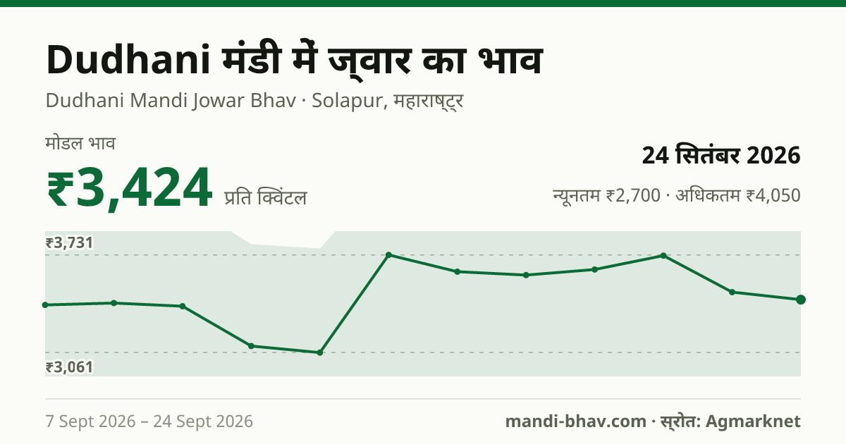 Dudhani मंडी में ज्वार का भाव 24 सितंबर 2026: मोडल ₹3,424 प्रति क्विंटल, भाव के रुझान का चार्ट