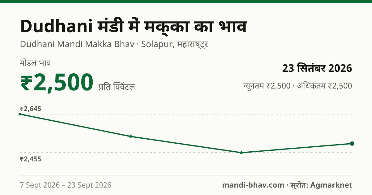 Dudhani मंडी में मक्का का भाव 23 सितंबर 2026: मोडल ₹2,500 प्रति क्विंटल, भाव के रुझान का चार्ट