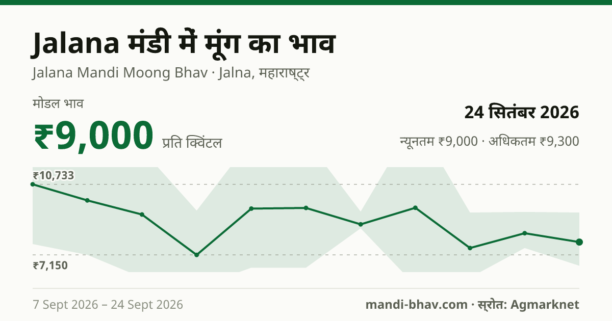 Jalana मंडी में मूंग का भाव 24 सितंबर 2026: मोडल ₹9,000 प्रति क्विंटल, भाव के रुझान का चार्ट