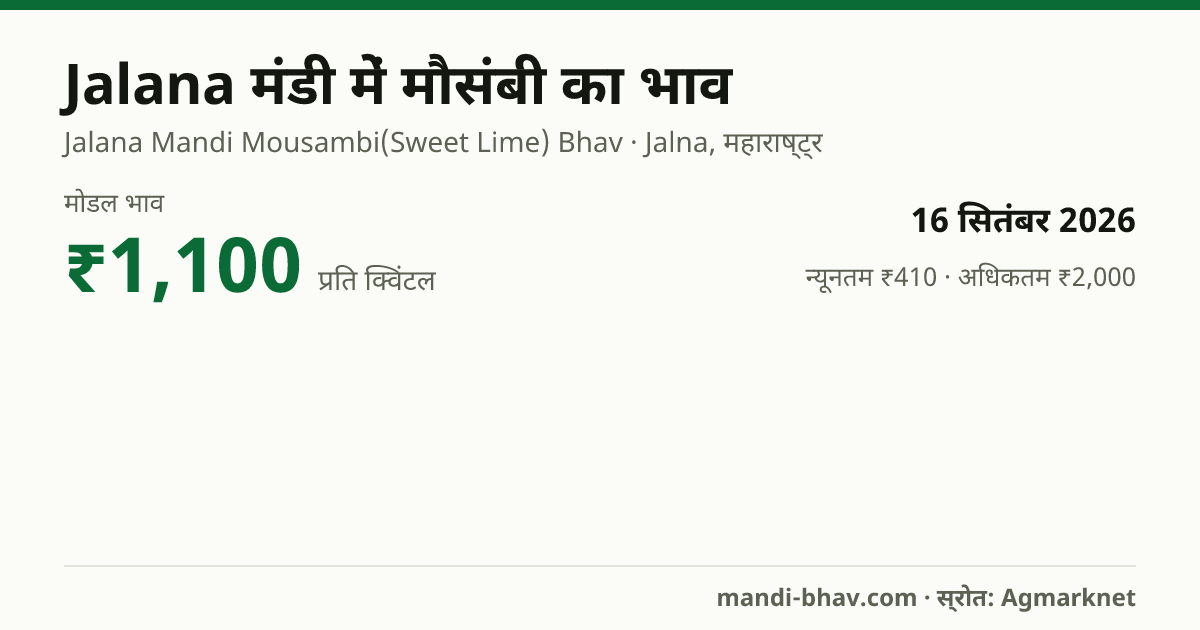 Jalana मंडी में मौसंबी का भाव 16 सितंबर 2026: मोडल ₹1,100 प्रति क्विंटल, भाव के रुझान का चार्ट