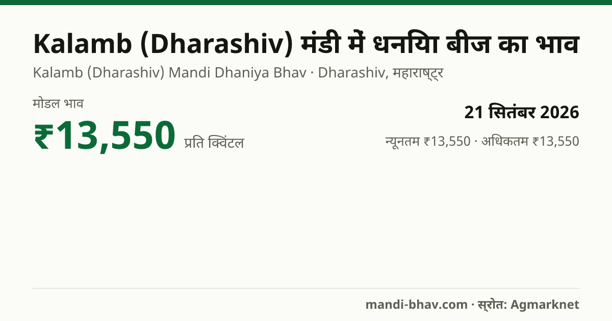 Kalamb (Dharashiv) मंडी में धनिया बीज का भाव 21 सितंबर 2026: मोडल ₹13,550 प्रति क्विंटल, भाव के रुझान का चार्ट