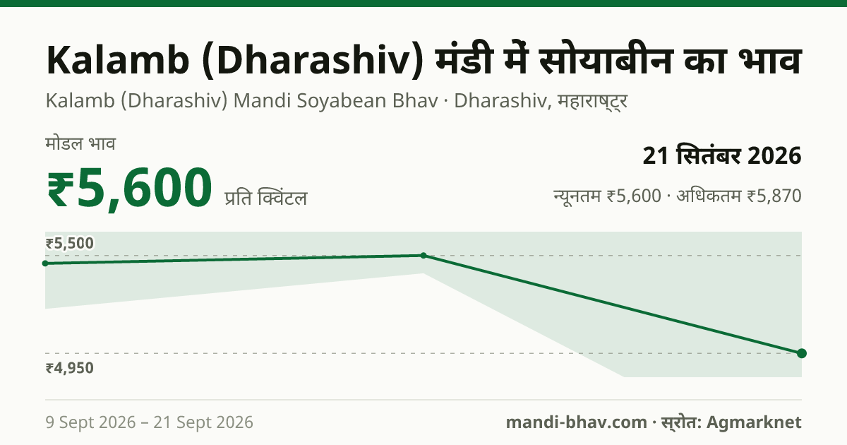 Kalamb (Dharashiv) मंडी में सोयाबीन का भाव 21 सितंबर 2026: मोडल ₹5,600 प्रति क्विंटल, भाव के रुझान का चार्ट