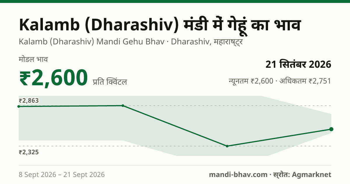 Kalamb (Dharashiv) मंडी में गेहूं का भाव 21 सितंबर 2026: मोडल ₹2,600 प्रति क्विंटल, भाव के रुझान का चार्ट