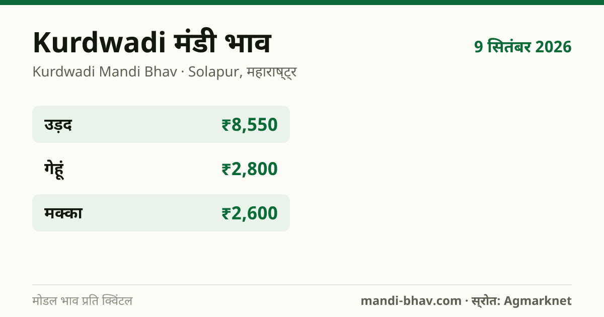 Kurdwadi मंडी भाव 9 सितंबर 2026: फसलवार मोडल रेट प्रति क्विंटल