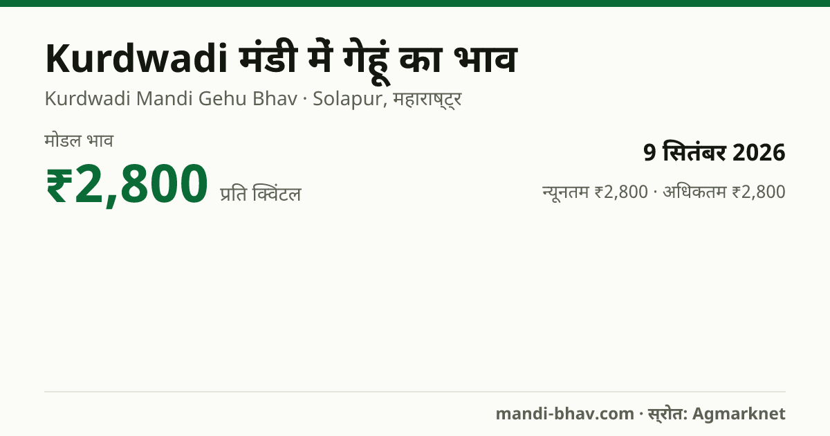 Kurdwadi मंडी में गेहूं का भाव 9 सितंबर 2026: मोडल ₹2,800 प्रति क्विंटल, भाव के रुझान का चार्ट