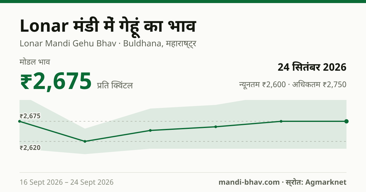 Lonar मंडी में गेहूं का भाव 24 सितंबर 2026: मोडल ₹2,675 प्रति क्विंटल, भाव के रुझान का चार्ट