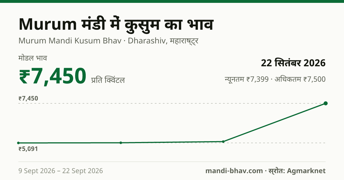 Murum मंडी में कुसुम का भाव 22 सितंबर 2026: मोडल ₹7,450 प्रति क्विंटल, भाव के रुझान का चार्ट