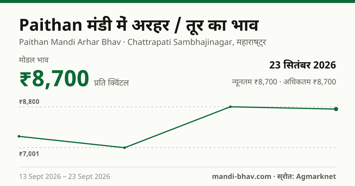 Paithan मंडी में अरहर / तूर का भाव 23 सितंबर 2026: मोडल ₹8,700 प्रति क्विंटल, भाव के रुझान का चार्ट