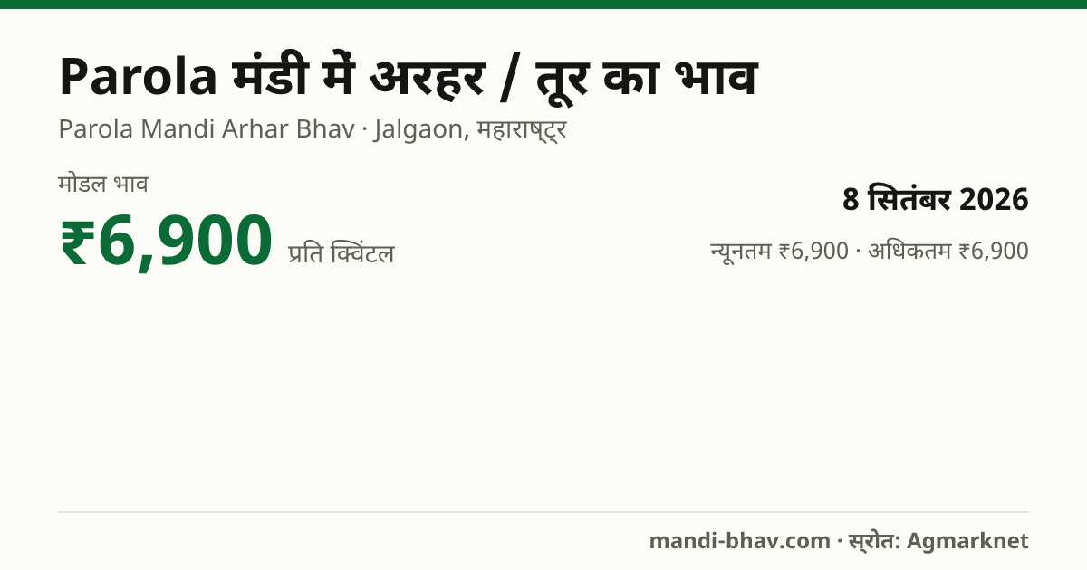 Parola मंडी में अरहर / तूर का भाव 8 सितंबर 2026: मोडल ₹6,900 प्रति क्विंटल, भाव के रुझान का चार्ट
