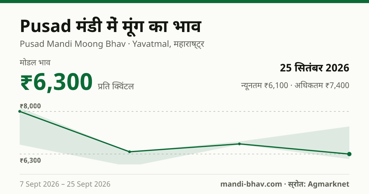 Pusad मंडी में मूंग का भाव 25 सितंबर 2026: मोडल ₹6,300 प्रति क्विंटल, भाव के रुझान का चार्ट