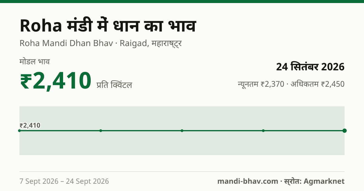 Roha मंडी में धान का भाव 24 सितंबर 2026: मोडल ₹2,410 प्रति क्विंटल, भाव के रुझान का चार्ट