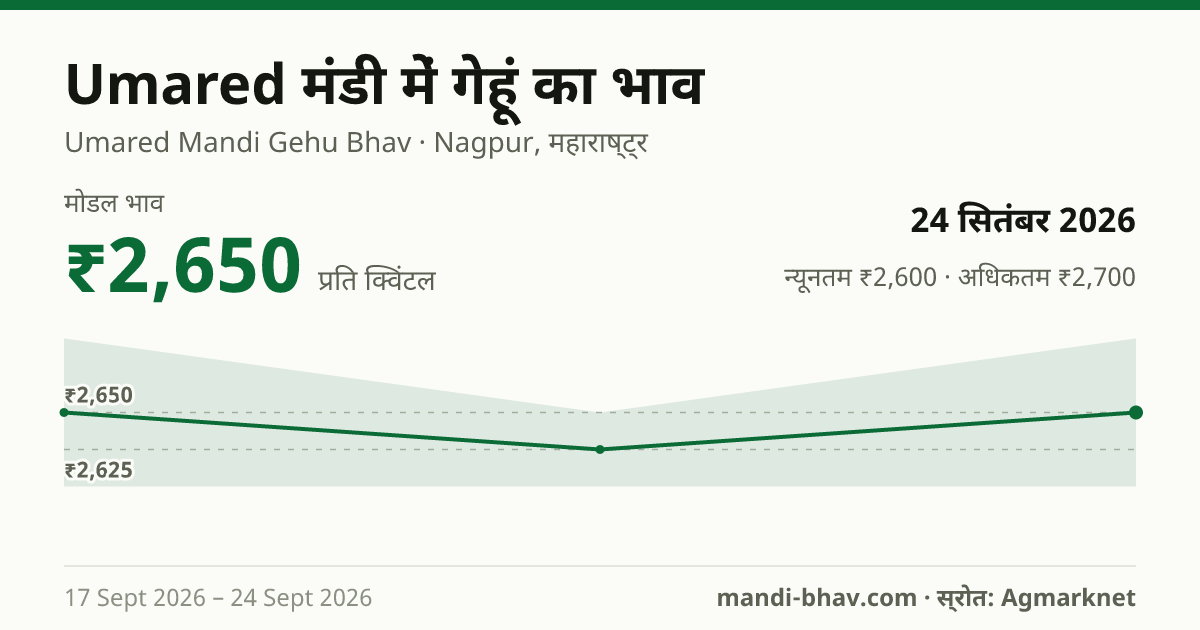 Umared मंडी में गेहूं का भाव 24 सितंबर 2026: मोडल ₹2,650 प्रति क्विंटल, भाव के रुझान का चार्ट