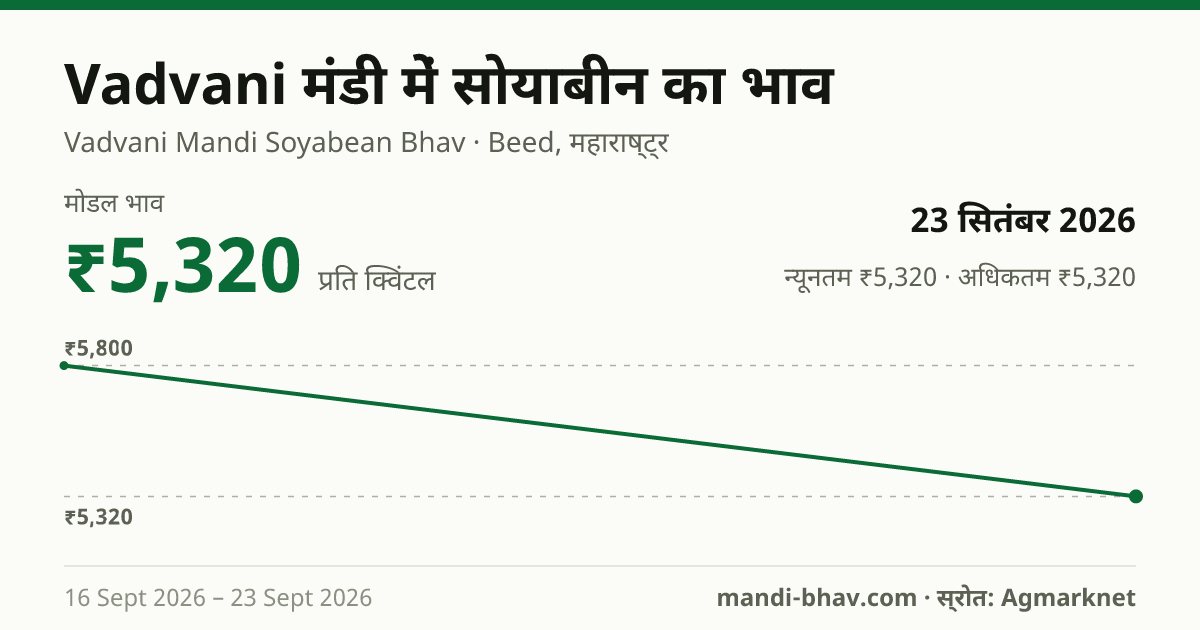 Vadvani मंडी में सोयाबीन का भाव 23 सितंबर 2026: मोडल ₹5,320 प्रति क्विंटल, भाव के रुझान का चार्ट