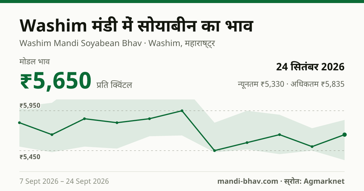 Washim मंडी में सोयाबीन का भाव 24 सितंबर 2026: मोडल ₹5,650 प्रति क्विंटल, भाव के रुझान का चार्ट