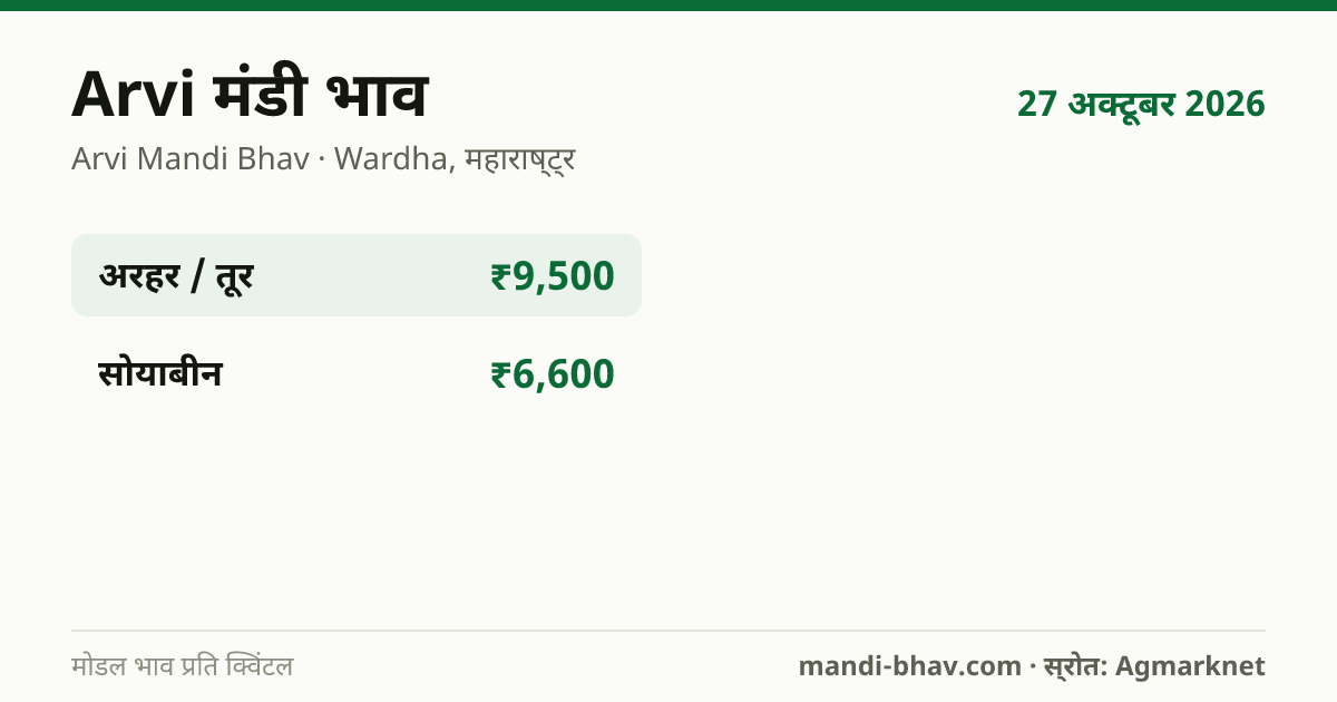 Arvi मंडी भाव 27 अक्टूबर 2026: फसलवार मोडल रेट प्रति क्विंटल