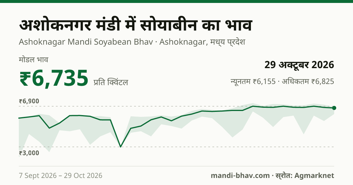 अशोकनगर मंडी में सोयाबीन का भाव 29 अक्टूबर 2026: मोडल ₹6,735 प्रति क्विंटल, भाव के रुझान का चार्ट