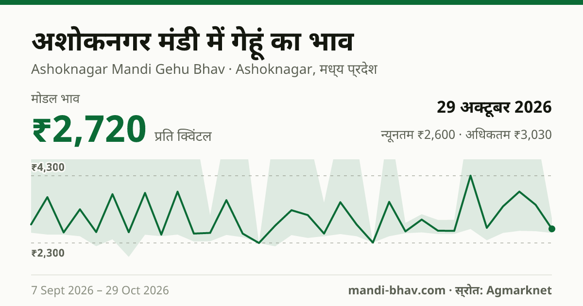 अशोकनगर मंडी में गेहूं का भाव 29 अक्टूबर 2026: मोडल ₹2,810 प्रति क्विंटल, भाव के रुझान का चार्ट