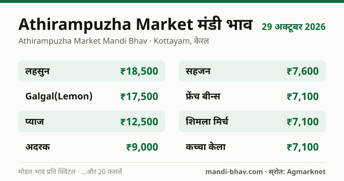 Athirampuzha Market मंडी भाव 29 अक्टूबर 2026: फसलवार मोडल रेट प्रति क्विंटल