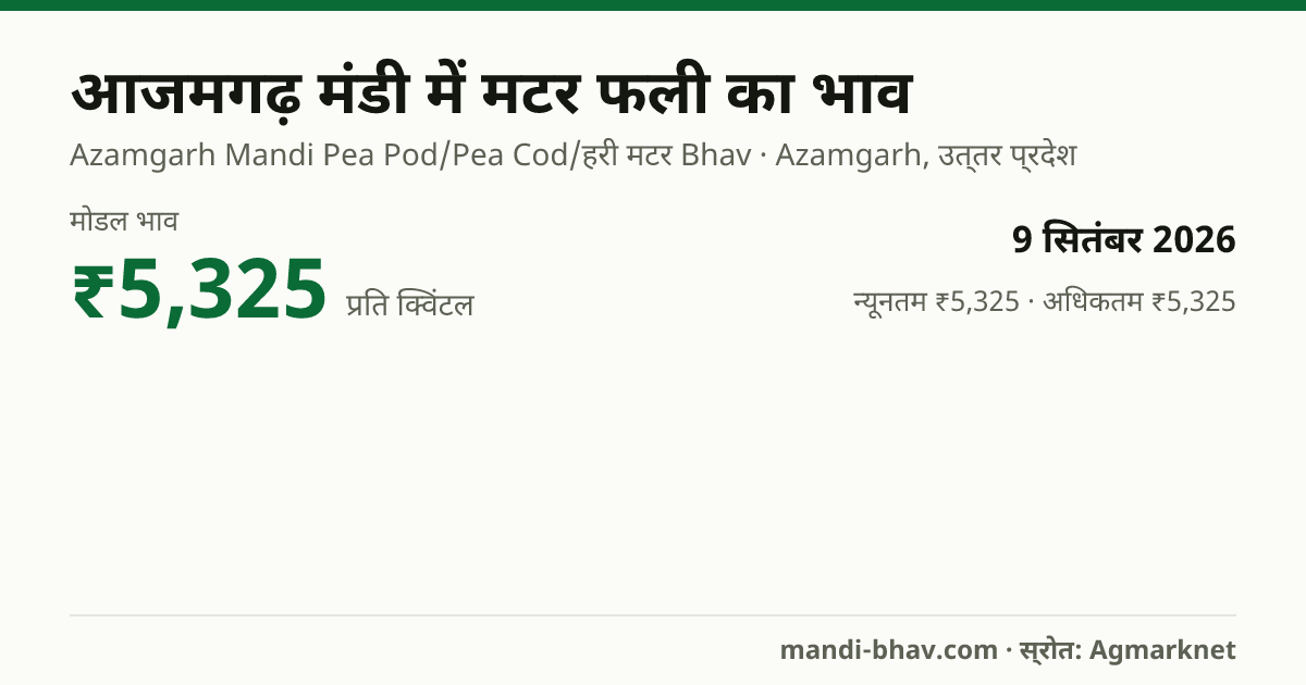 आजमगढ़ मंडी में मटर फली का भाव 9 सितंबर 2026: मोडल ₹5,325 प्रति क्विंटल, भाव के रुझान का चार्ट