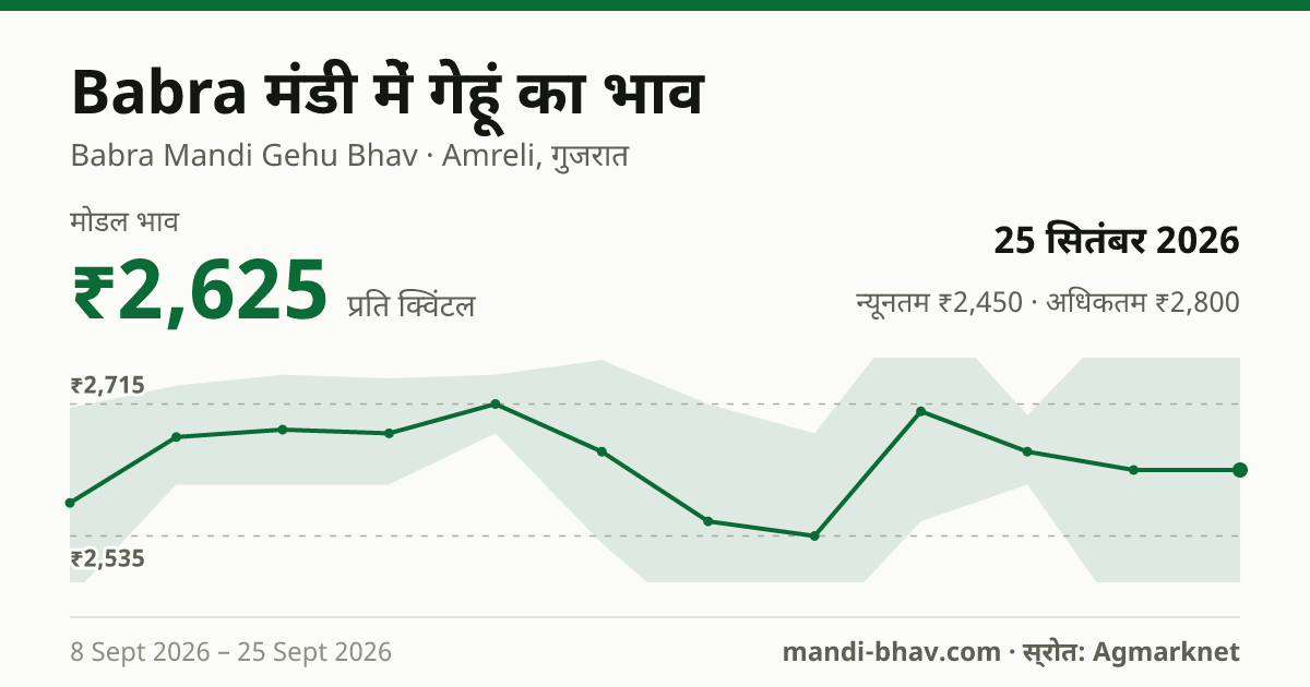 Babra मंडी में गेहूं का भाव 25 सितंबर 2026: मोडल ₹2,625 प्रति क्विंटल, भाव के रुझान का चार्ट