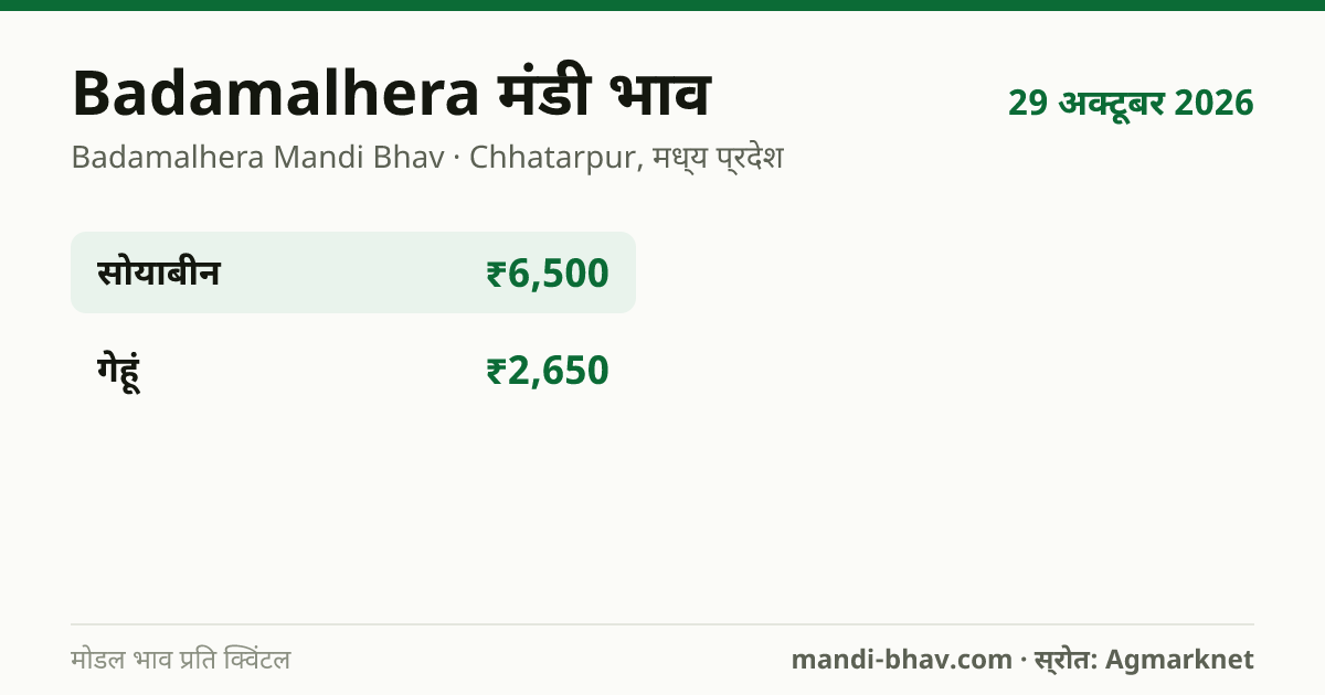 Badamalhera मंडी भाव 29 अक्टूबर 2026: फसलवार मोडल रेट प्रति क्विंटल
