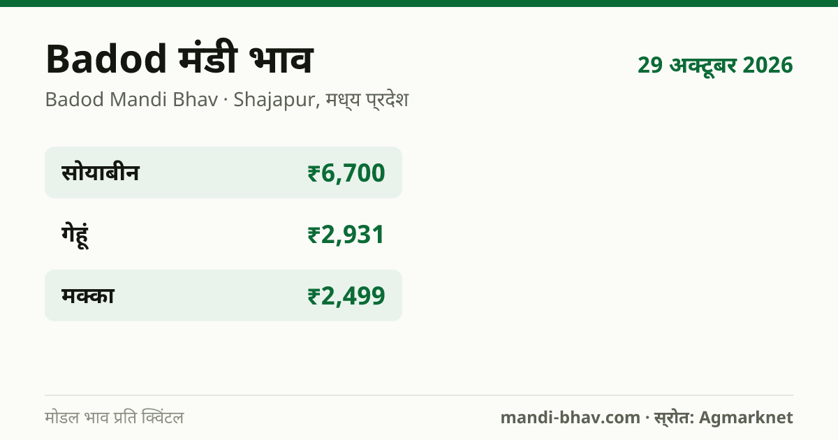 Badod मंडी भाव 29 अक्टूबर 2026: फसलवार मोडल रेट प्रति क्विंटल
