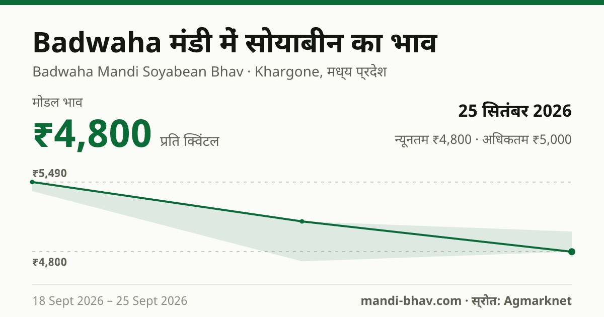 Badwaha मंडी में सोयाबीन का भाव 25 सितंबर 2026: मोडल ₹4,800 प्रति क्विंटल, भाव के रुझान का चार्ट