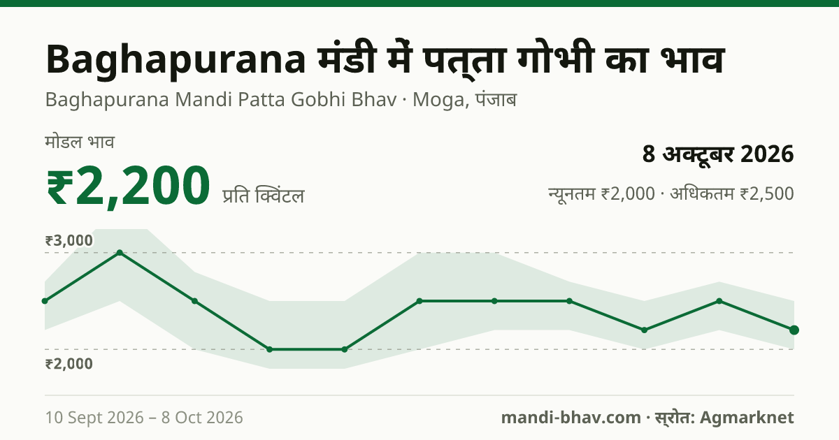 Baghapurana मंडी में पत्ता गोभी का भाव 8 अक्टूबर 2026: मोडल ₹2,200 प्रति क्विंटल, भाव के रुझान का चार्ट