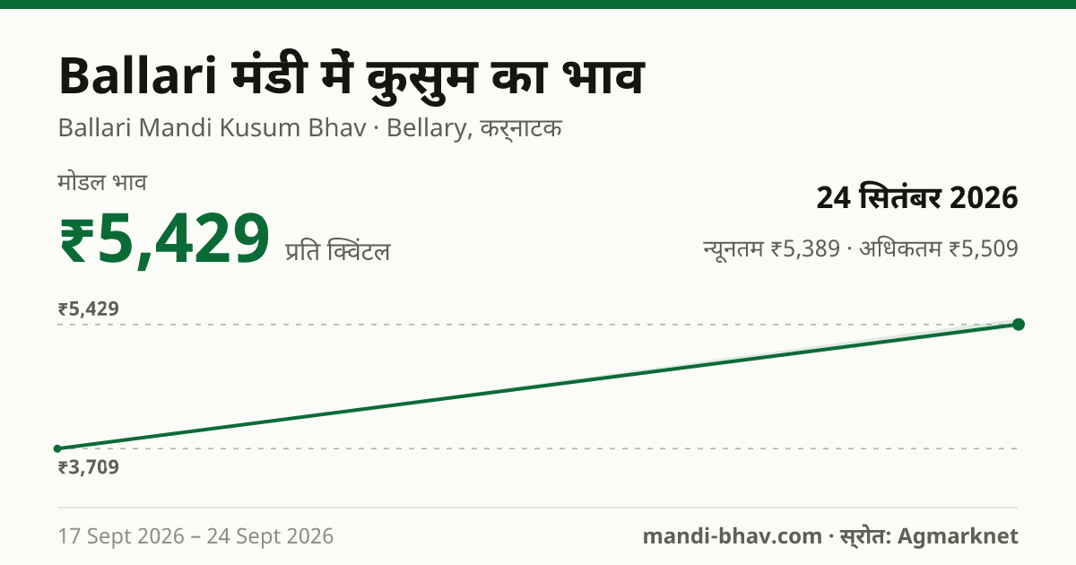 Ballari मंडी में कुसुम का भाव 24 सितंबर 2026: मोडल ₹5,429 प्रति क्विंटल, भाव के रुझान का चार्ट