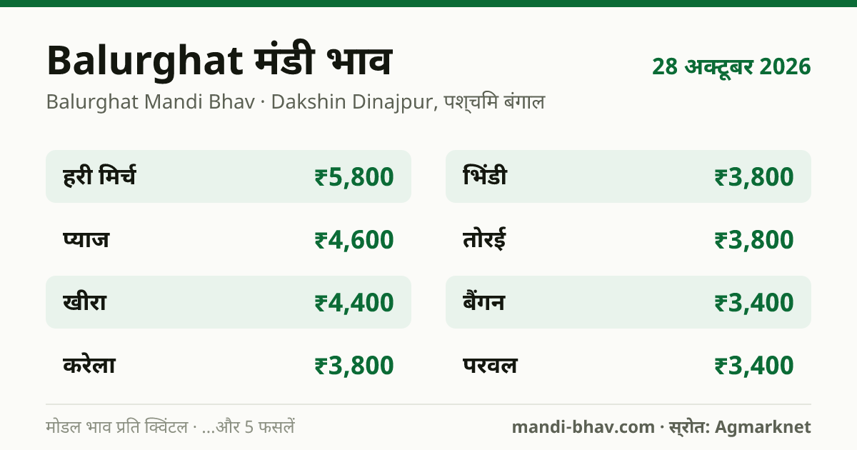 Balurghat मंडी भाव 28 अक्टूबर 2026: फसलवार मोडल रेट प्रति क्विंटल