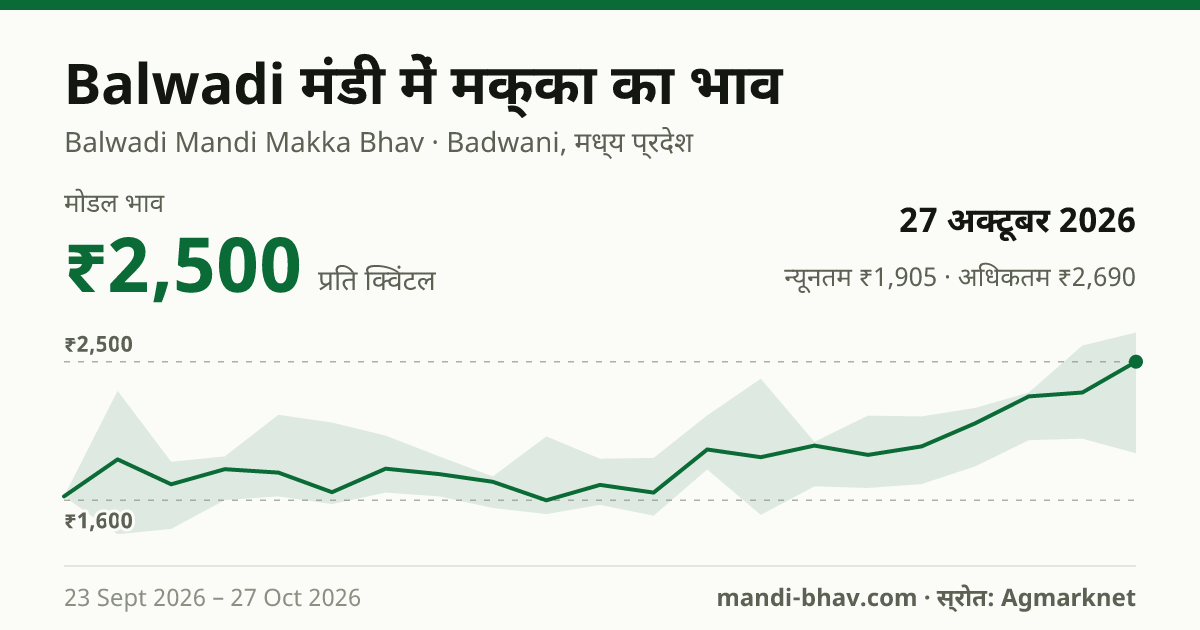 Balwadi मंडी में मक्का का भाव 27 अक्टूबर 2026: मोडल ₹2,500 प्रति क्विंटल, भाव के रुझान का चार्ट