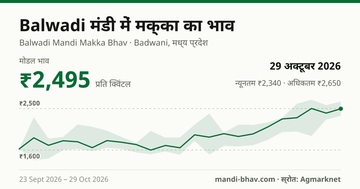 Balwadi मंडी में मक्का का भाव 29 अक्टूबर 2026: मोडल ₹2,495 प्रति क्विंटल, भाव के रुझान का चार्ट